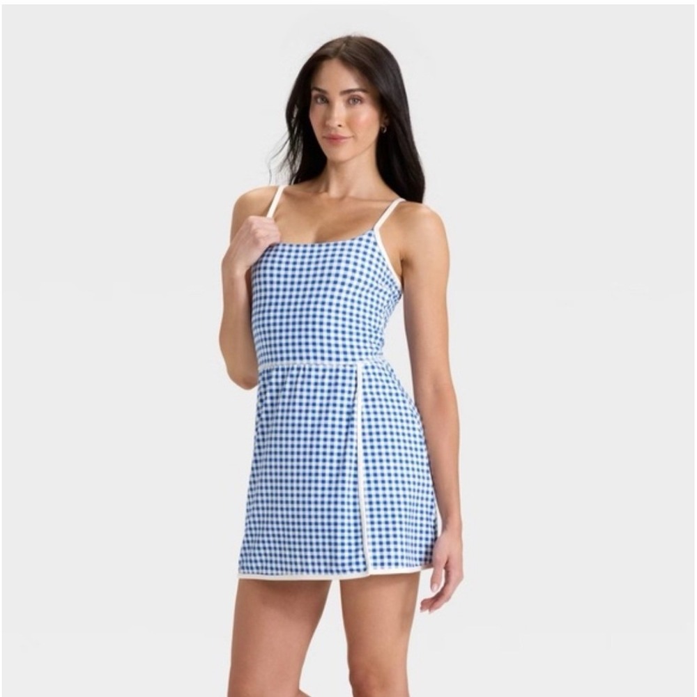 All in Motion Womens XL Blue Gingham Active Dress Shorts Adjustable Straps